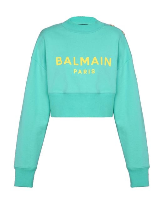 Balmain Blue Logo Printed Crewneck Cropped Sweatshirt