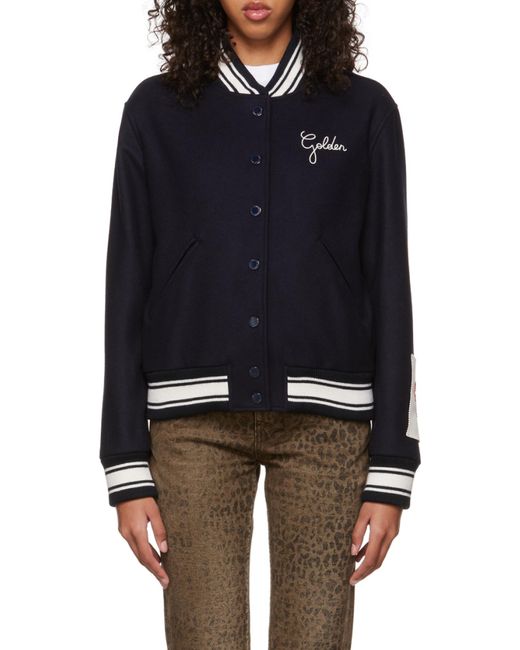 Golden Goose Deluxe Brand Blue Logo Embroidered Striped Baseball Jacket