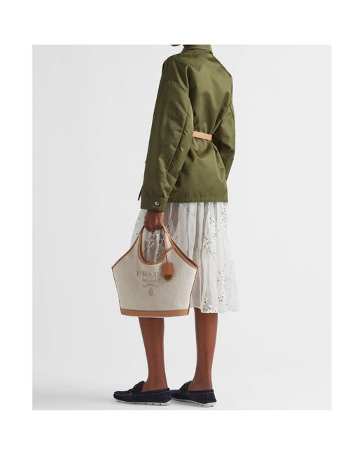Prada Gray Logo Printed Medium Top Handle Bag