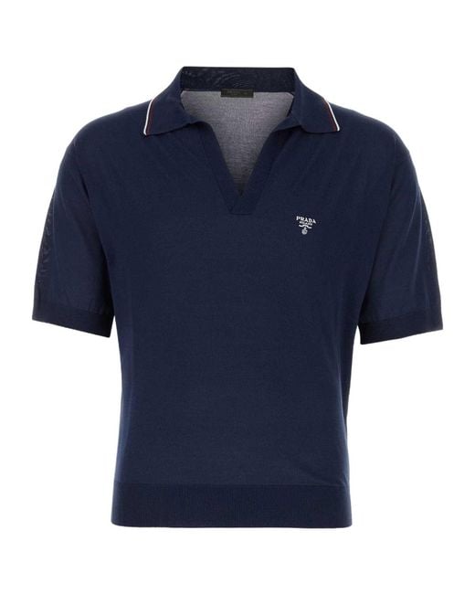 Prada Blue Logo Embroidered Short-Sleeved Knitted Polo Shirt for men