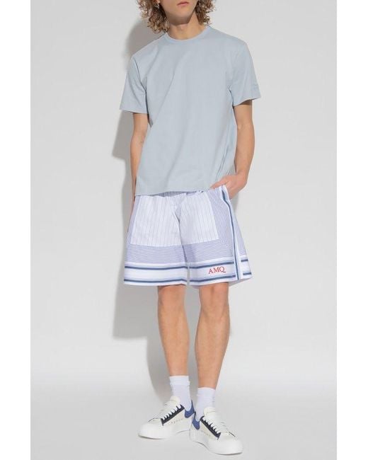 McQueen Blue Logo Embroidered Striped Shorts for men