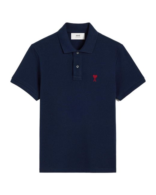 AMI Blue Logo Embroidered Short Sleeved Polo Shirt for men