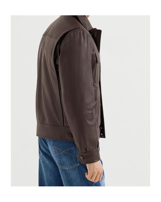 Brunello Cucinelli Brown Nappa Leather Outerwear Jacket With Thermore Padding for men