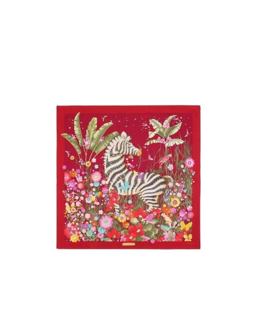 Ferragamo Red Printed Square Silk Scarf