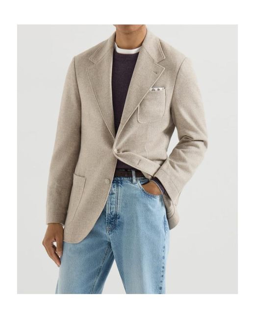 Brunello Cucinelli Natural Cashmere-Panama Deconstructed Blazer With Patch Pockets And Metal Buttons for men