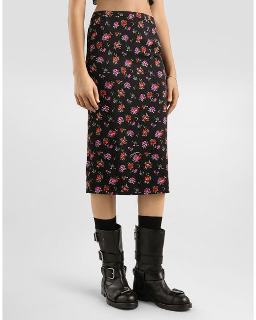 Dolce & Gabbana Black Stretch-Silk Floral Midi Skirt