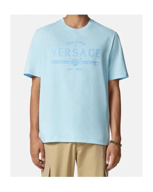 Versace Blue Logo-Printed Crewneck T-Shirt for men