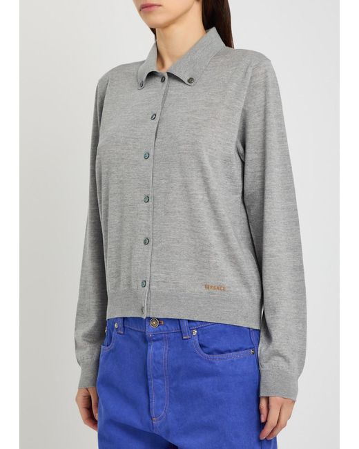 Versace Gray Logo-Embroidered Wool Cardigan