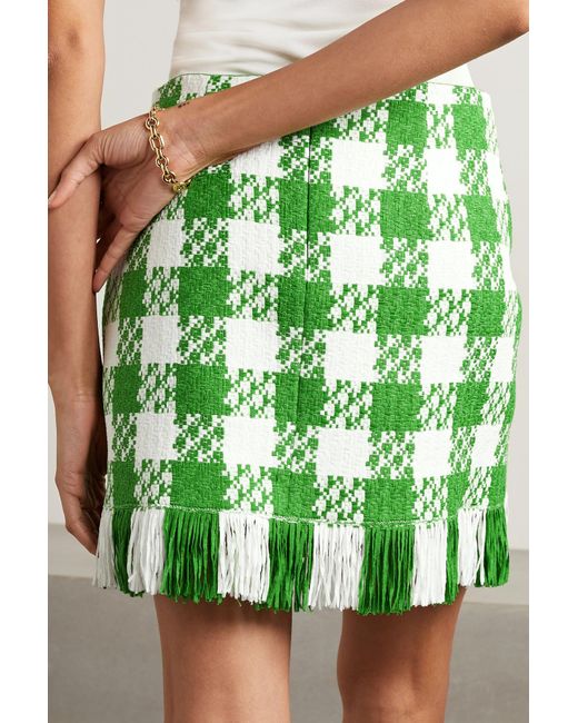 Oscar de la Renta Green Fringed Checked Cotton-Blend Tweed Mini Skirt