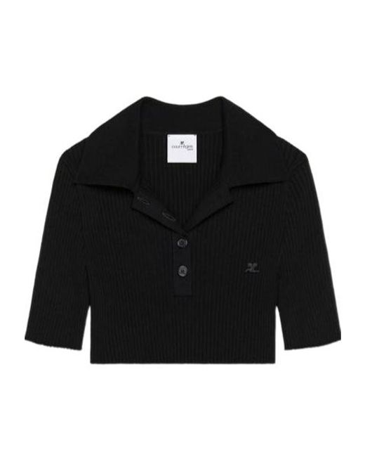 Courreges Black Courrèges Half-Button Knitted Cropped Polo Top
