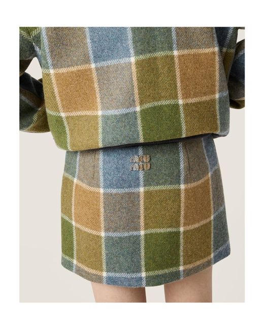 Miu Miu Green Wool Check Mini Skirt
