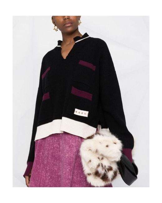 Marni Black Shetland Wool And Cotton Cropped Crewneck Sweater