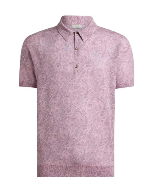 Etro Purple Linen-Blend Polo Shirt With Floral Motif for men