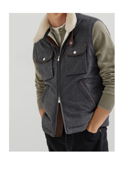 Brunello Cucinelli Black Shearling-Collar Wool Vest for men