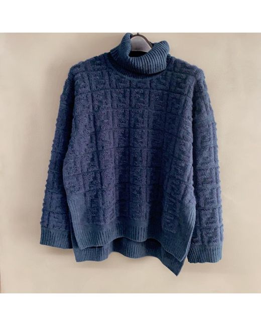 Fendi Blue Knitted Ff Motif Patterned Sweater