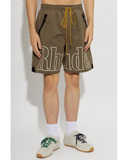Rhude Green Logo-Print Drawstring Shorts for men