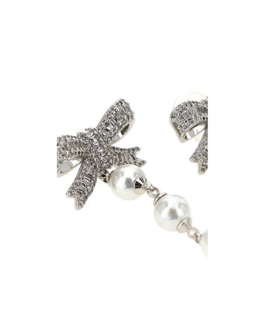 Self-Portrait White Crystal Bow Pearl Droplet Earrings
