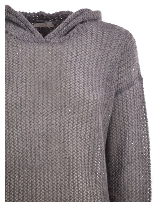 Peserico Gray Hooded Open-Knit Jumper With Sequins