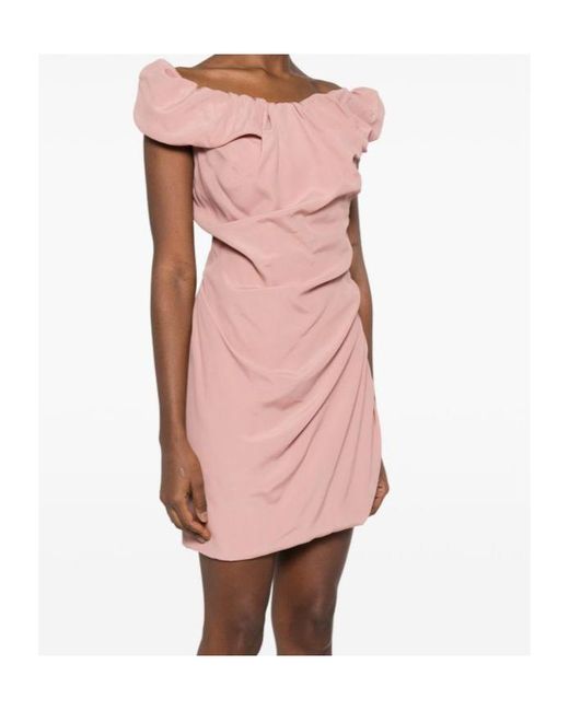 Vivienne Westwood Pink Ruched Mini Dress With Sculptural Off-Shoulder Neckline