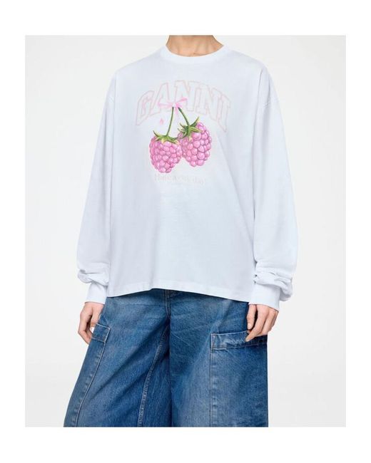 Ganni White Raspberries Long-Sleeved T-Shirt