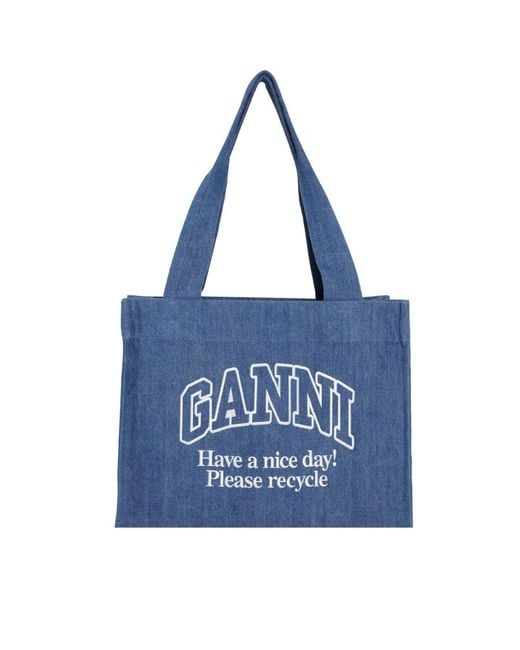 Ganni Blue Logo Embroidered Denim Tote Bag