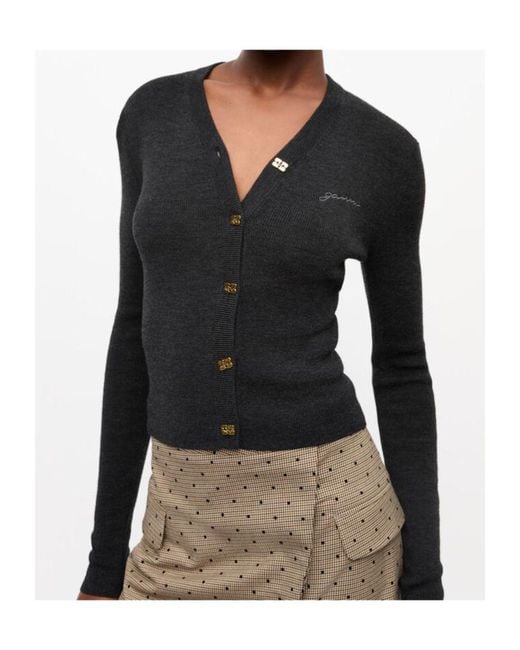 Ganni Black V-Neck Logo Embroidered Cardigan