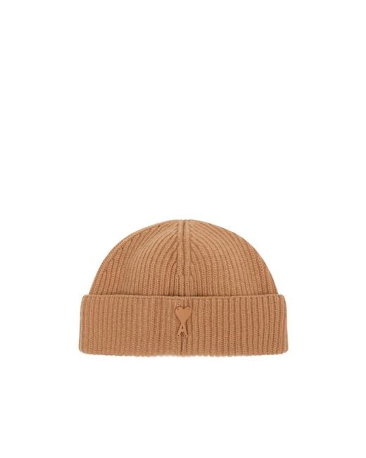 AMI Brown Ami Ribbed Logo Beanie Hat for men