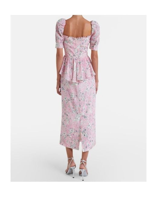 Alessandra Rich Pink Floral Peplum Silk Midi Dress