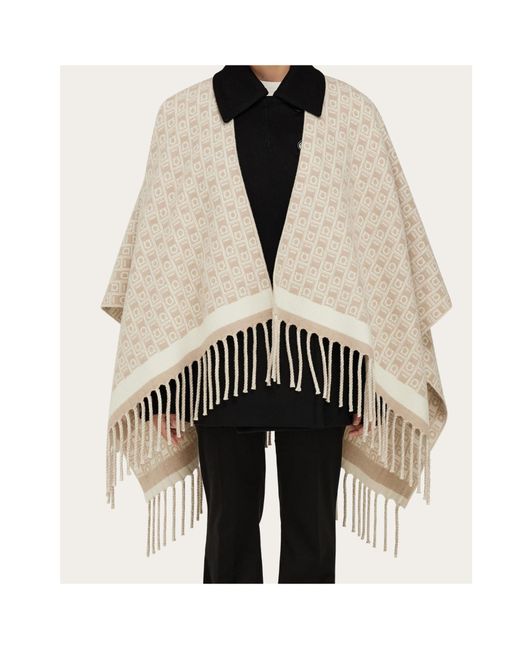 Ferragamo Natural Gancini-Pattern Fringed Cape