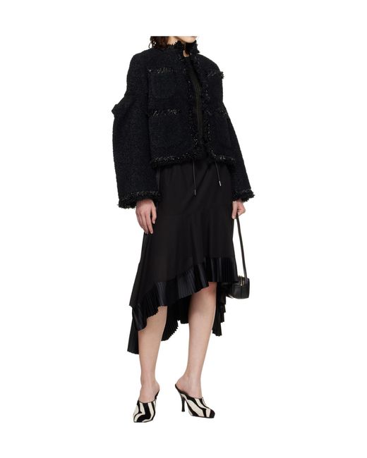 Sacai Black Long Sleeved Crewneck Tweed Jacket