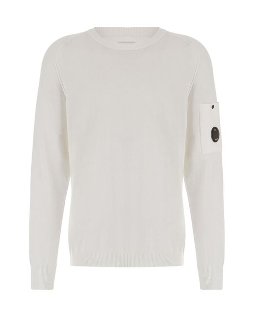 C P Company White Crewneck Lens Jumper for men