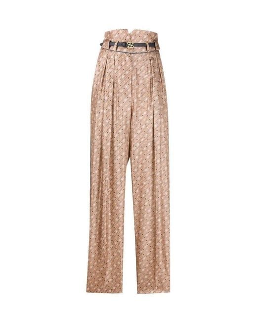 Fendi Natural High-Waisted Karligraphy Motif Printed Trousers