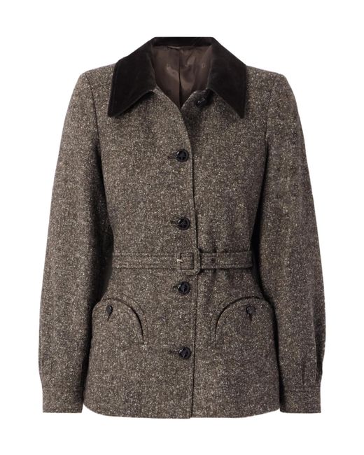 Blazé Milano Brown Sarissa Belted Velvet-Trimmed Tweed Jacket