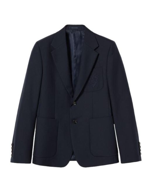Gucci Blue Logo Embroidered Single-Breasted Jacket for men