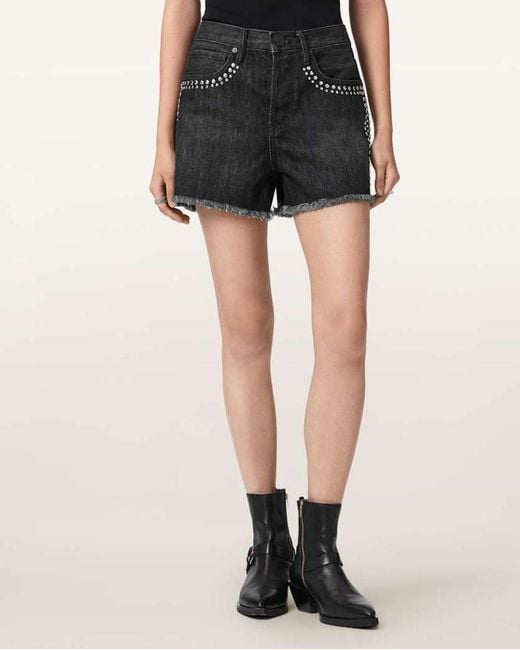 AllSaints Black Heidi High Waisted Stud Denim Shorts