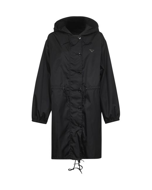 Prada Women's Black Triangle-Logo Hooded Coat