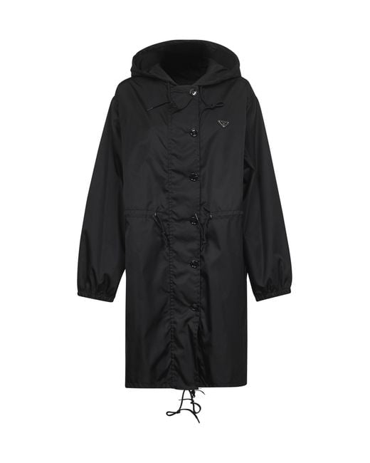 Prada Black Triangle-Logo Hooded Coat