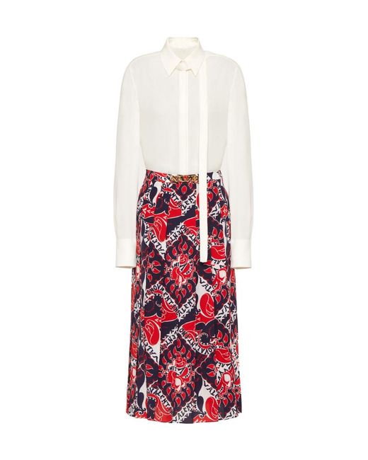 Valentino Red Pussy-Bow Logo Printed Pleated Dress