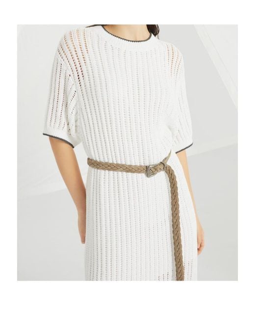 Brunello Cucinelli White Ribbed-Knit Short-Sleeved Dress