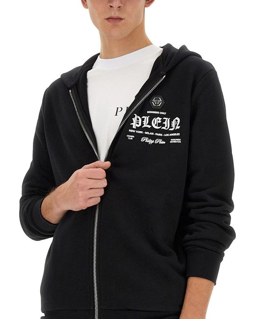 Philipp Plein Black Logo Printed Zipped Hoodie for men