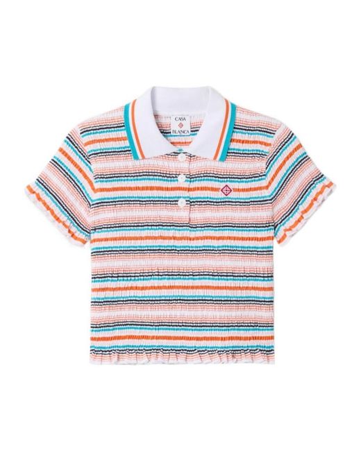 Casablanca Blue Shirred Stripe Polo Top