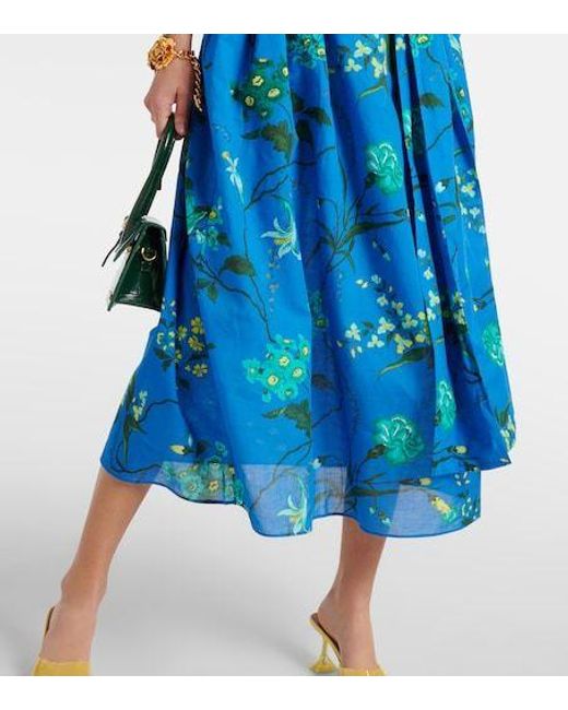 Erdem Blue Floral Cotton And Linen Midi Dress