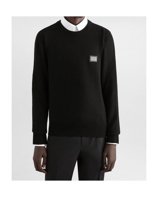 Dolce & Gabbana Black Wool Round-Neck Sweater With Branded Tag for men