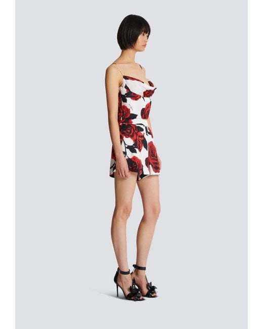 Balmain Red Rose Printed Satin Shorts