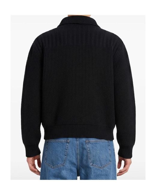 Dries Van Noten Black Long-Sleeve Ribbed Cardigan for men