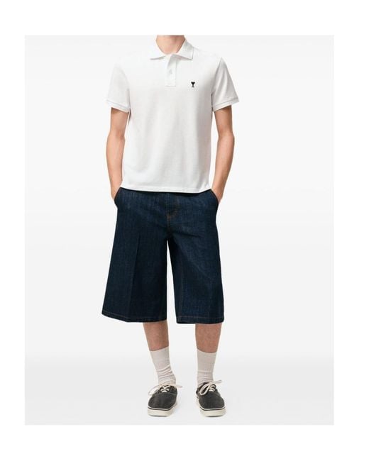 AMI White Ami Logo Embroidered Short Sleeved Polo Shirt for men