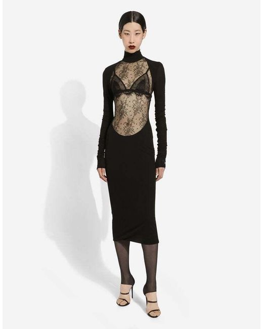 Dolce & Gabbana Black Lace-Panel Midi Dress