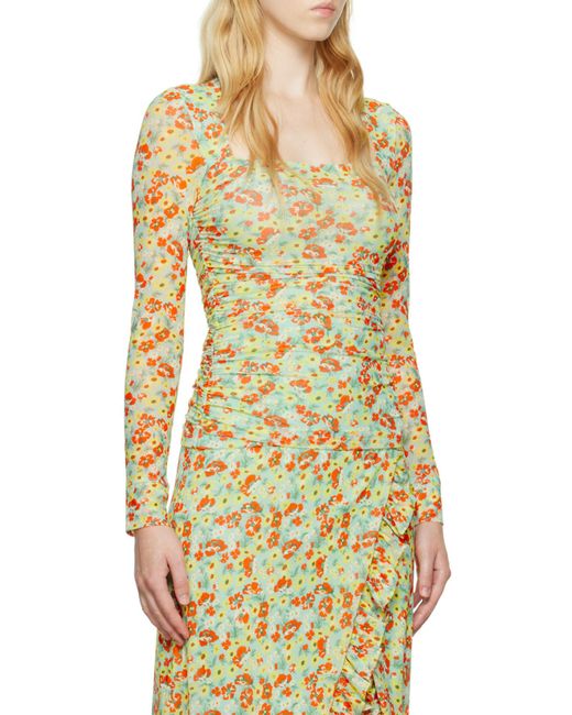 Ganni Green Floral Printed Square Neck Top