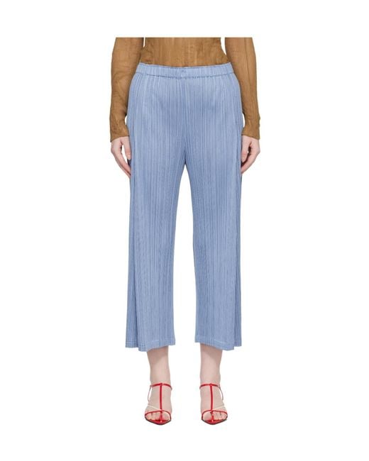 Pleats Please Issey Miyake Blue Slim Leg Pleated Trousers