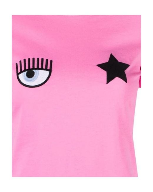 Chiara Ferragni Pink Logo Embroidered Crewneck T-Shirt